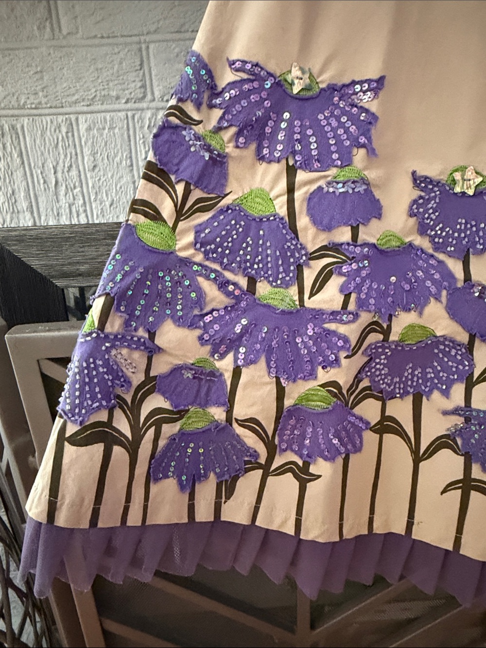 Basil + Maude Beige A-Line Skirt with Purple Floral Appliqué - Picture 5 of 14